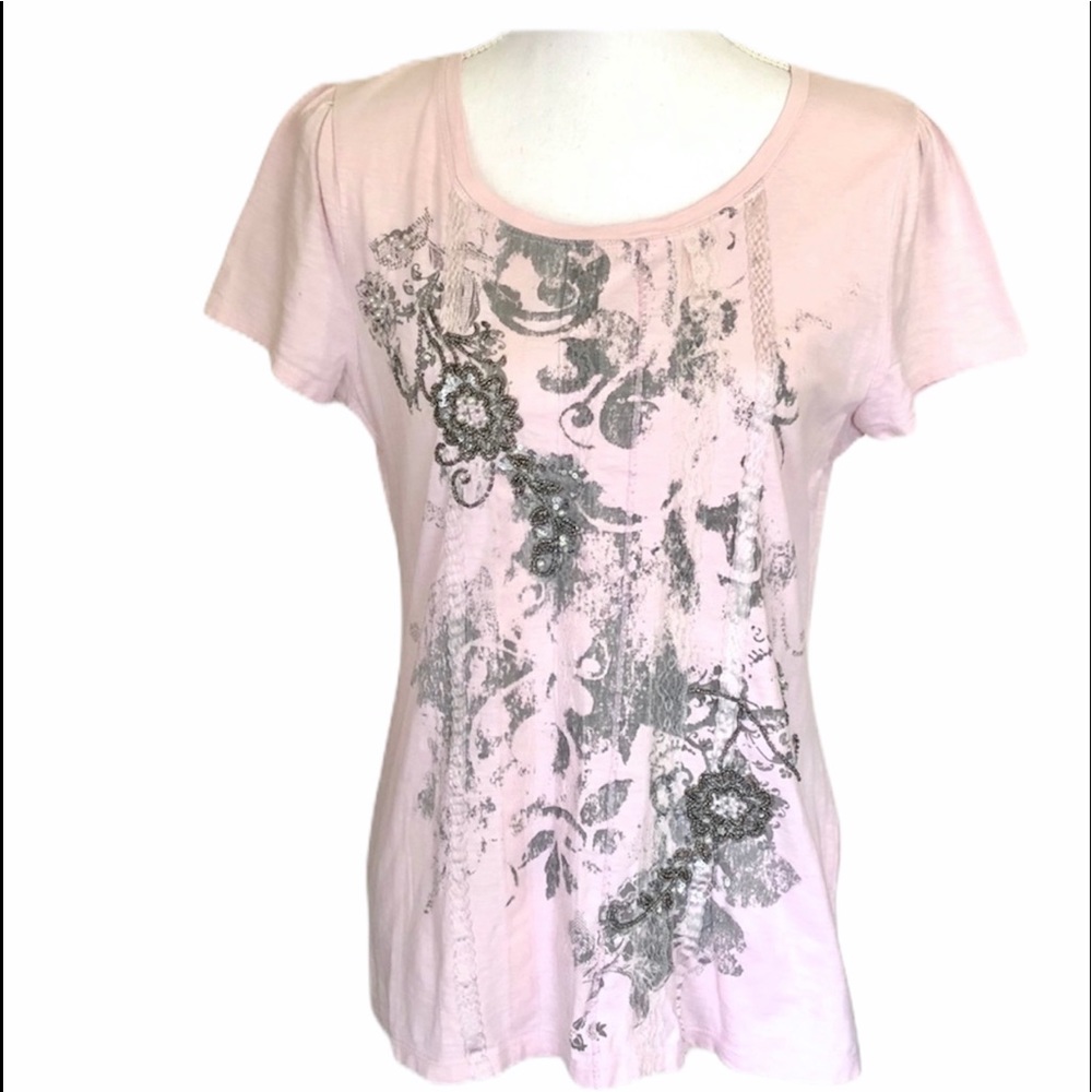 Style & Co Scoop Neck Sequin Beaded Top Pink Size Small NWOT Embellished Blouse
